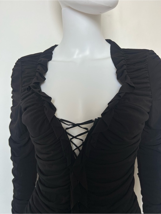 Cache Tops - Cache Black Ruched Lace-Up Corset Top Ruffle Trim Long Sleeve Y2K Medium